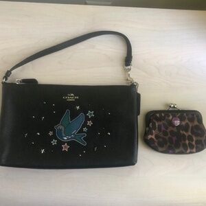 Beautiful New Coach Black Leather Bag w/ Bird & Star Detail & Coach Coin Purse